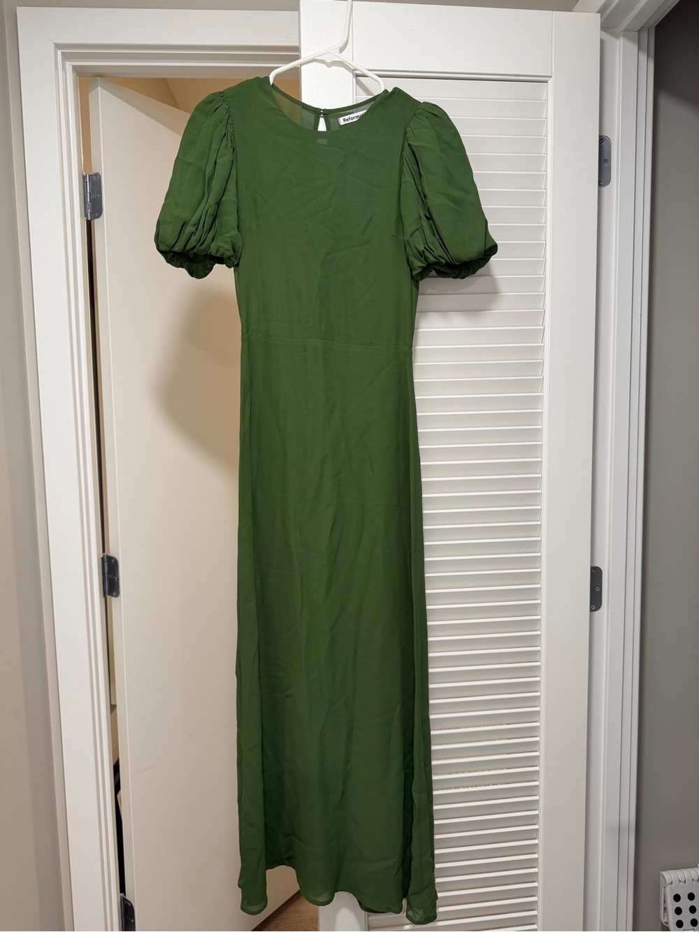 Reformation Olive Green Puff-Sleeve Maxi Dress